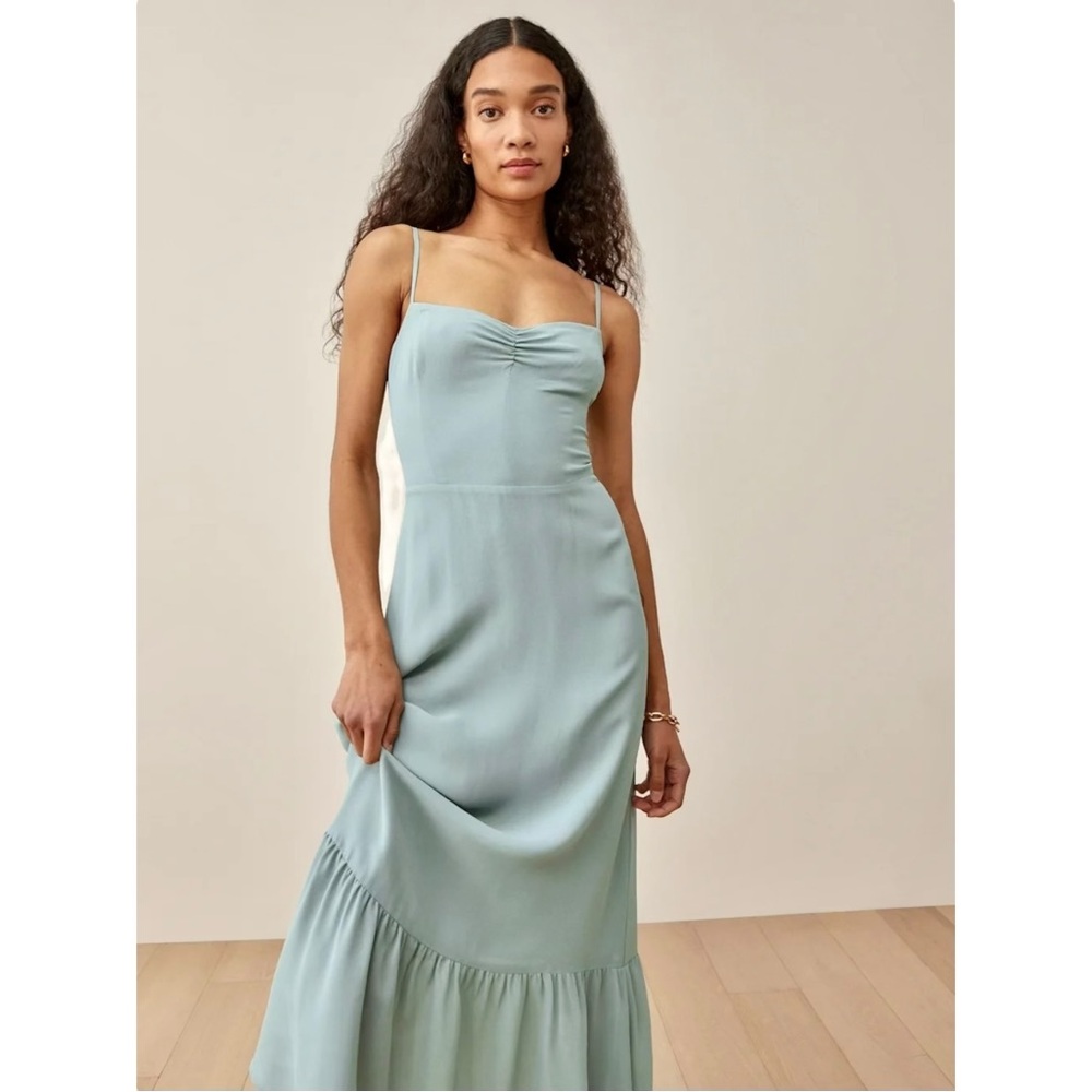 Reformation Emersyn Pastel Baby Blue Fitted Bodice Adjustable Strap Maxi Dress